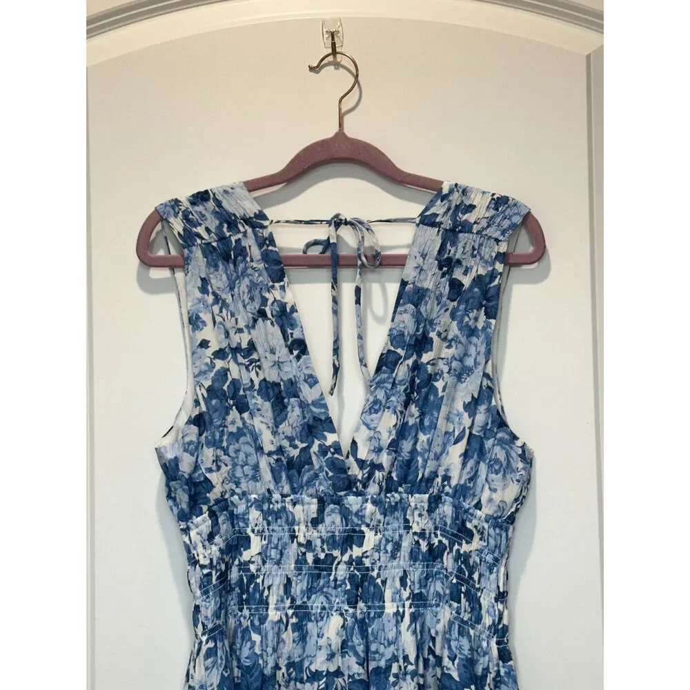 NWT Abercrombie & Fitch Blue White Floral Tie Back Maxi Dress Size Large Petite